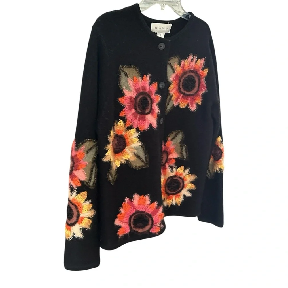 Susan Bristol Sunflower Cardigan Sweater Sz S BOHO Multicolor Embroidered Wool